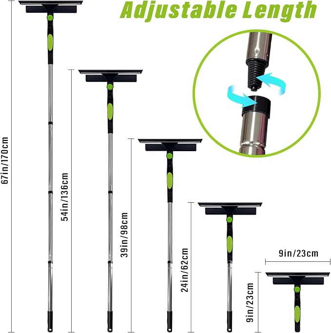 Window Squeegee Cleaner Tool, 67" 2-in-1 Rotatable Window Cleaning Kit with Stainless Steel Splicing Pole Streak Free Squeegee & Scrubber for Indoor Outdoor High Window Car Glass (Green)