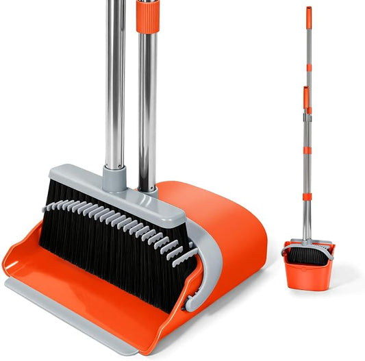 YZO Broom with Dustpan Combo Set, 54.33 Inch Long Handle Standing Design, Dustpan Front Rubber Tight Seal, Broom with 5 Layer Bristles, Suitable for Living Room, Yard, Office and Apartment (Orange)