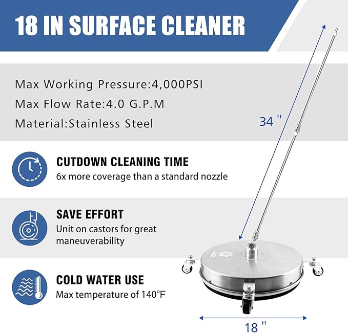 JANZ 18'' Pressure Washer Surface Cleaner | 4 Wheels, Stainless Steel Housing, 1/4'' Quick Plug, 2 Extension Wands, 2 Replacement Nozzles and 3 Spray Nozzles,4000 PSI