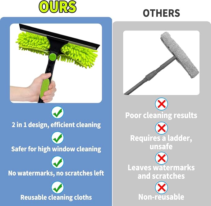 Window Squeegee Cleaner Tool, 67" 2-in-1 Rotatable Window Cleaning Kit with Stainless Steel Splicing Pole Streak Free Squeegee & Scrubber for Indoor Outdoor High Window Car Glass (Green)