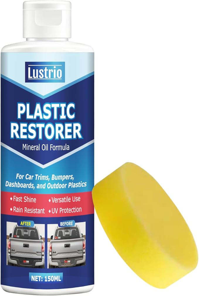 Plastic Restorer Spray for Car Exterior & Interior – 5oz (150ml) Kit with Applicator Sponge – Restores Black Trim, Door Panels, Bumpers & Vinyl Surfaces – Anti-UV, Water-Resistant, No Greasy Residue
