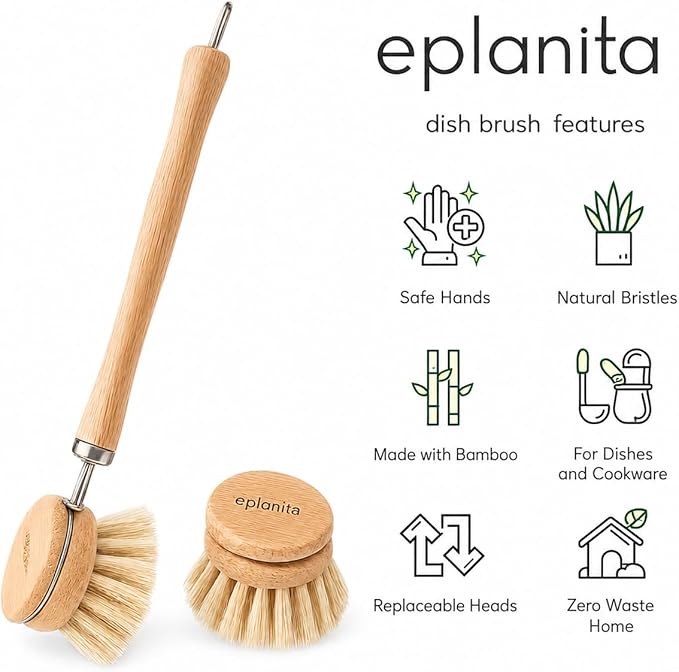 eplanita Natural Dish Brush, 3 Replacement Heads, Kitchen Eco Bamboo Scrubber Brushes, Extra Plant Sponge, Plastic Free Washing Up, Zero Waste Cleaning