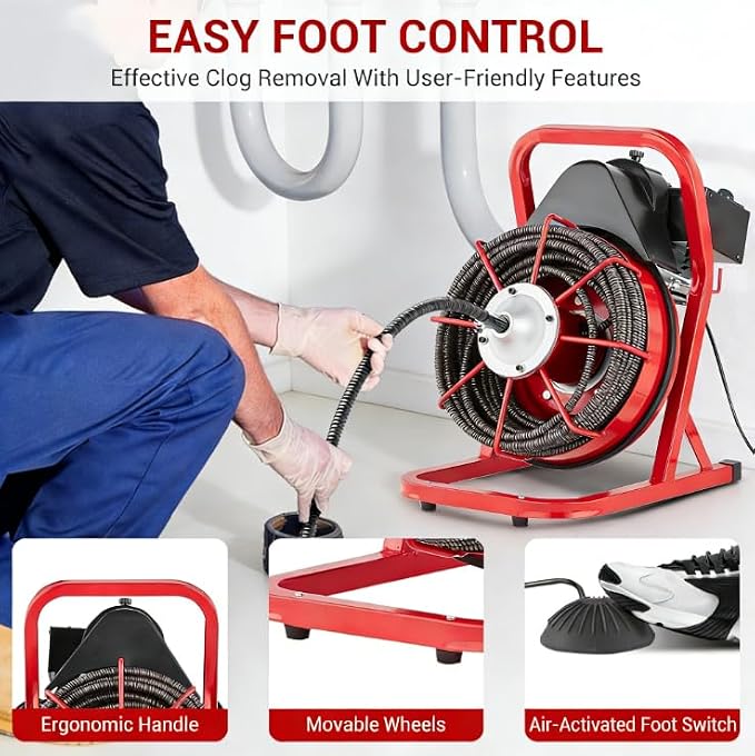 75FT x 1/2 Inch Drain Cleaner Machine, 400W Portable Drain Cleaning Machine Snake with 6 Cutters & Foot Switch for 1" to 4" Pipes, Heavy Duty Sewer Auger for Sinks, Toilets, Showers