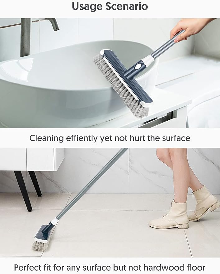 Floor Scrubber with Long Handle, 2 in 1 Scrubbing Brush Stiff Bristle Shower Cleaning Brush for Bathroom, Kitchen, Tub, Carpet, Grout, Tile(Gray)