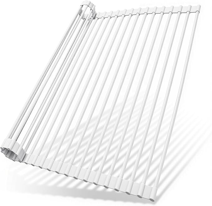 Ohuhu Over Sink Dish Drying Rack, 17.6" W x 15.4" L Roll Up Dish Racks Kitchen Sink Organizer Silicone Wrapped Large in Sink Dish Drying Rack Foldable Rolling Drain Mats Anti-Slip