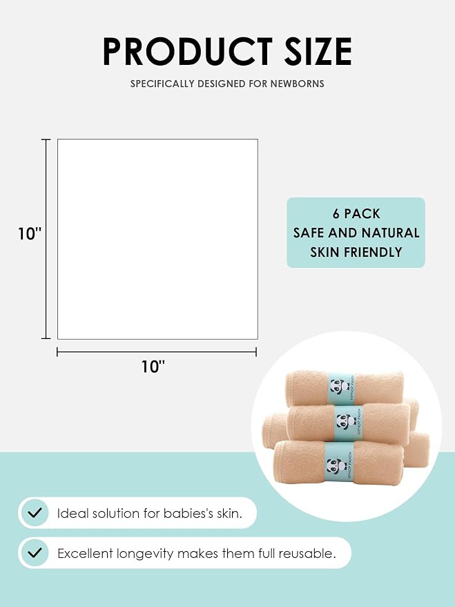 HIPHOP PANDA Baby Washcloths, Rayon Made from Bamboo - 2 Layer Ultra Soft Absorbent Newborn Bath Face Towel - Reusable Baby Wipes for Delicate Skin - Brown, 6 Pack