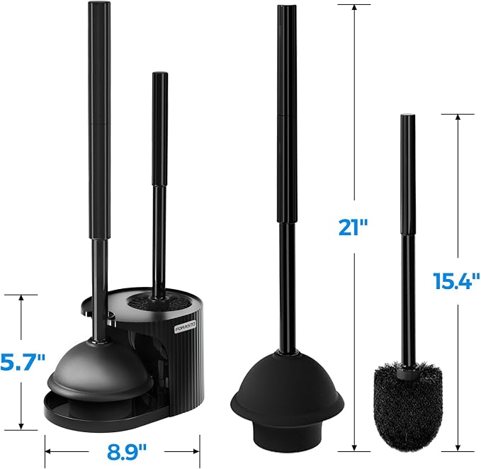 FORASTO 3in1 Toilet Plunger and Brush Set - Home Bathroom Cleaning Tools | 21" Extended, Groove Gap Brush, Heavy Duty Rubber Toilet Bowl Cleaner, Apartment Must Haves Bathroom Decor Accessories