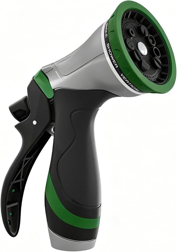 QUOBAS Metal Garden Hose Nozzle, Heavy Duty Water Hose Sprayer, Leak Proof | 10 Pattern Water Nozzle with Rubber Gasket, Garden Sprayer for Watering Plants, Washing Cars, Pet Shower, Green