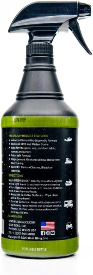 Boat Bling Green Sauce Enzyme-Based Stain Remover for Boats, 32 oz | Enzyme-based stain remover breaks down interior and exterior stains; fiberglass, vinyl, fabric and carpet