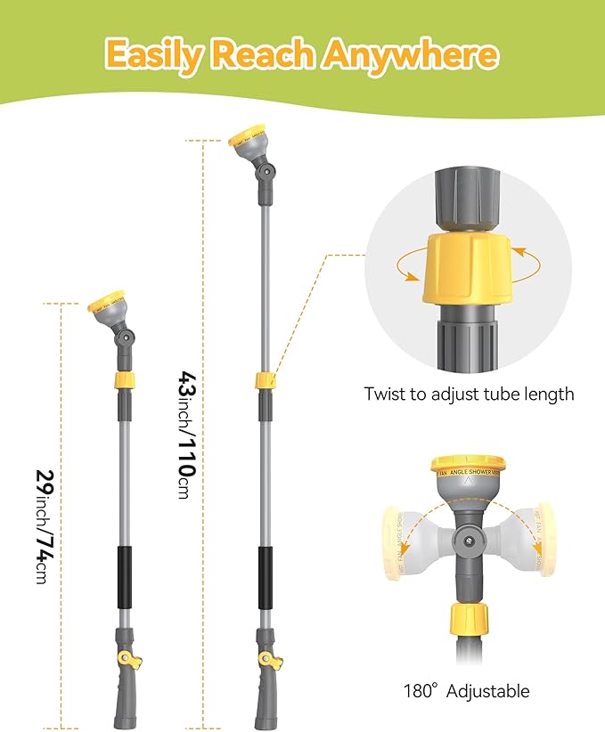 VOXON Garden Hose Watering Wand 29-43 Inch Adjustable Spray Wand | 10 Spray Patterns, 180° Swivel Head, Thumb Flow Control for Hanging Baskets, High Shrubs, Patio and Garden Plants