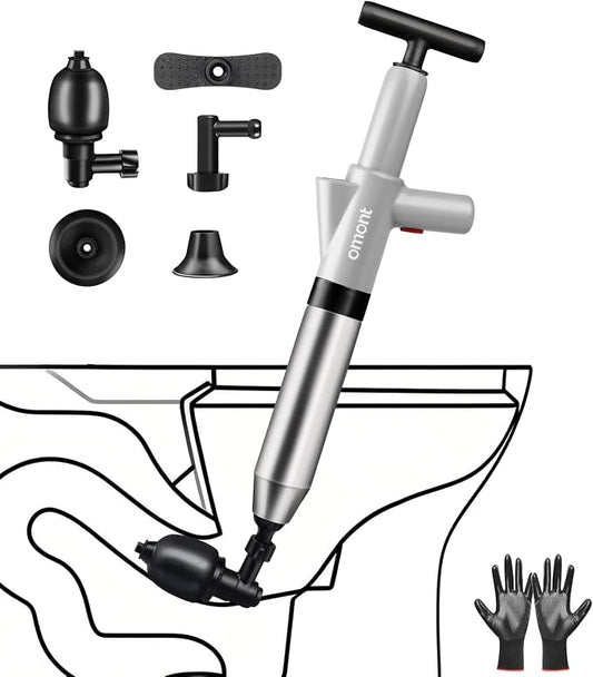 Toilet Plunger Drain Clog Remover: High Pressure Air Drainage Blaster Clog Remover Tool- Stainless Steel Gray Air Plunger for Bathroom, Sink, Floor, Kitchen Clogged