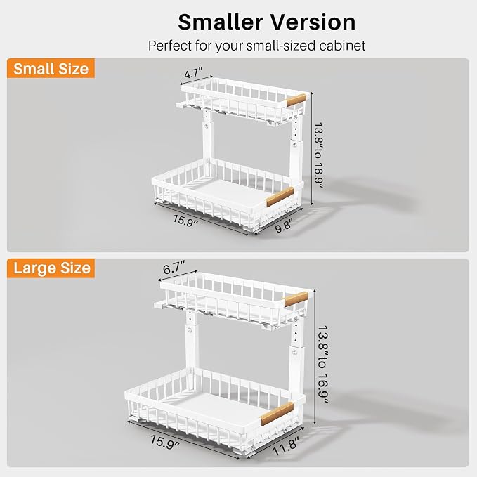 PXRACK Under Sink Organizer, Adjustable Height, 2 Tier Pull Out Under Cabinet Organizer, Slide Out Thickened Metal Under Sink Storage for Kitchen Bathroom Laundry Pantry Cabinet, White, Small-1-Pack