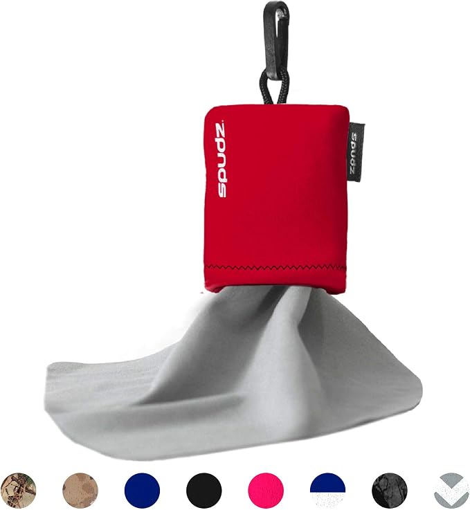 SPUDZ Classic Microfiber Lens Cleaner – Clip-On Pouch, Washable – for Binoculars, Scopes, Glasses, Screens | Classic | Red, 10 x 10 Inch