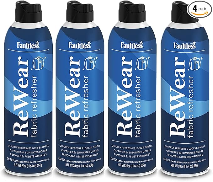 Faultless ReWear Dry Wash Spray for Clothing – Wrinkle Remover, Fabric Refresher Spray, Captures Odors – Like Dry Shampoo for Clothes: Fresh Look W/Out Laundry, 20oz 4Pack