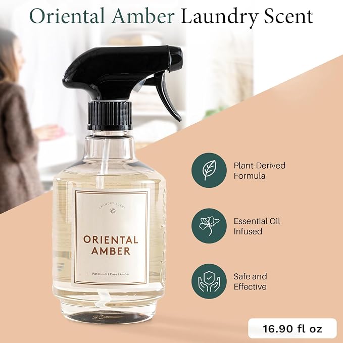 Chakra Freshener Fabric Spray - Long-Lasting Multi-Purpose Laundry Scent for Bedding, Clothes & Home Fabric Deodorizer, Luxury Room Deodorizer, Linen Spray w/Trigger, 16.9 fl oz, Oriental Amber