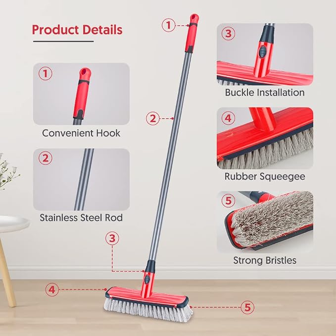 Floor Scrubber with Long Handle, 2 in 1 Scrubbing Brush Stiff Bristle Shower Cleaning Brush for Bathroom, Kitchen, Tub, Carpet, Grout, Tile(Red)