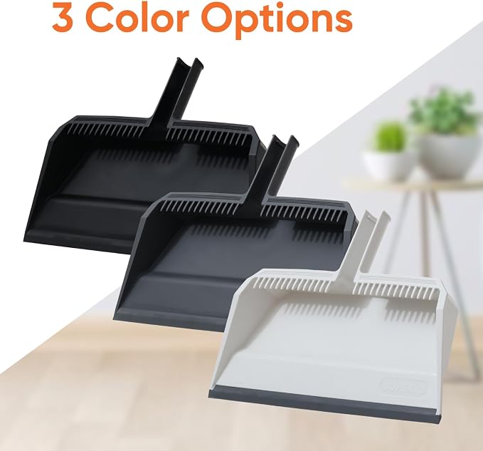 Superio Wide Plastic Dustpan with Comb - 16" Wide, Rubber Lip, Broom Handle Clip, Grey