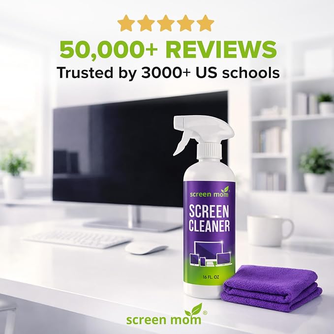 Screen Mom Screen Cleaner Spray 16oz Bottle for TV, Car, Laptop & Computer | Streak-Free Cleaning, Glass & OLED Safe, Alcohol-Free Formula, Scratch-Resistant Microfiber Cloth, Safe for Phones & Tablets