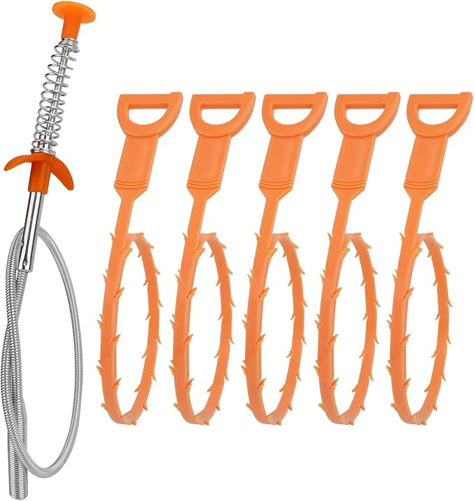 Amazon Basics Drain Clog Remover Tool, 6 Pack with 5 Plastic and 1 Stainless Steel Drain Snakes, Hair Unclogger for Toilet, Kitchen Sink, Bathroom Tub, Shower, Sewer