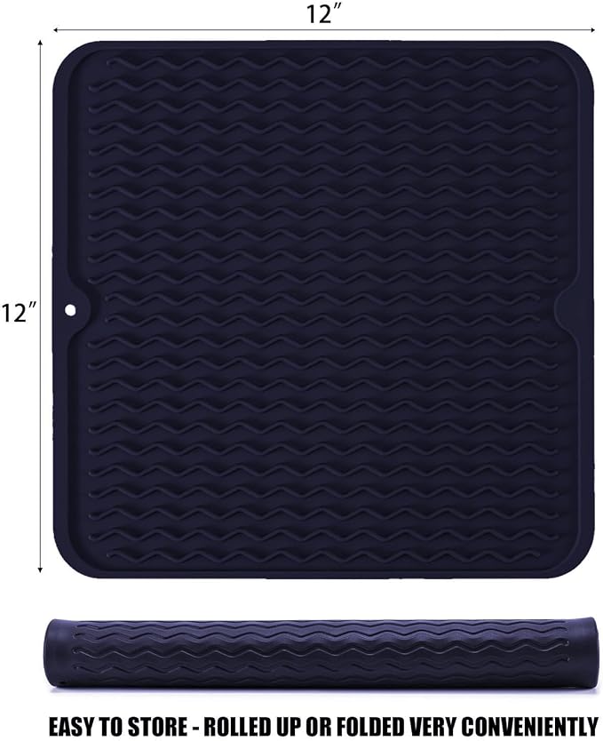 Silicone Dish Drying Mat for Multiple Usage, Easy clean, Eco-friendly, Heat-resistant Dish Drainer Mat for Kitchen Counter,Sink,Refrigerator or Drawer liner (12" x 12", Dark Blue)
