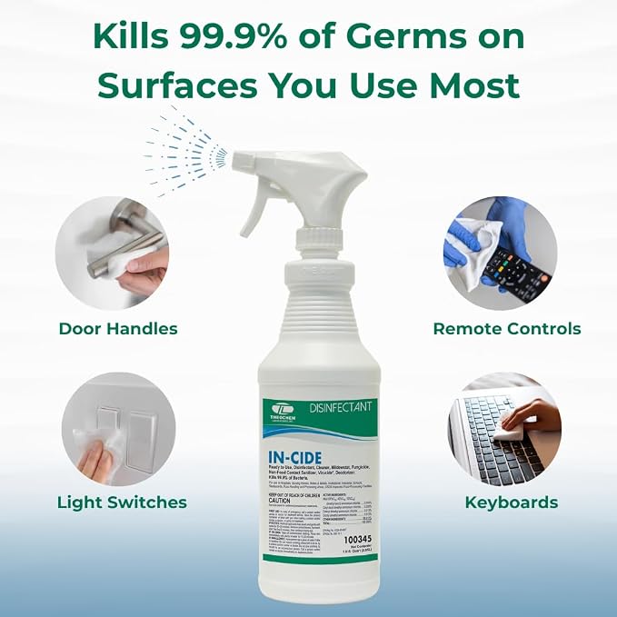 In-Cide Hospital Grade Disinfectant Spray - EPA Registered Cleaner Kills 99.9% MRSA, H1N1- Medical Grade for Home Office Clinic - Fresh Scent - 1 Gallon + 32oz Bundle