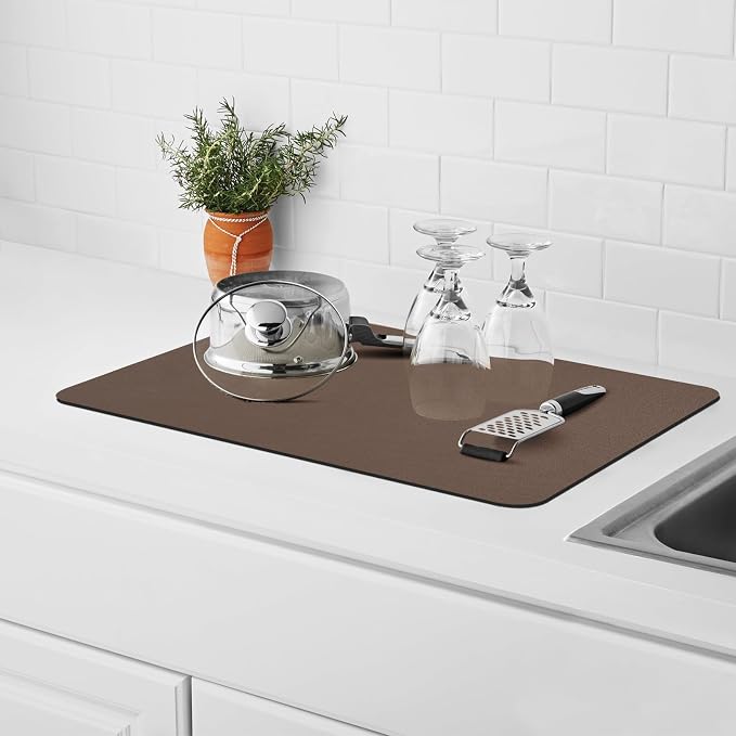 2PCS 12" x 19" Dish Drying Mat & 24" x 5.5" Faucet Mat for Kitchen Sink, Super Absorbent Kitchen Counter Mats & Sink Splash Guard, Easy to Clean Dish Rack Pad for Dishes Countertop, Brown
