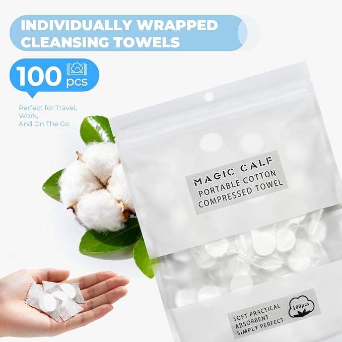 Classycoo Compressed Towel 100 PCS Mini Tablets Disposable Portable Face Towel Cotton Coin Tissue for Travel, Camping, Hiking, Sport, Beauty Salon, Home Hand Wipes and Other Outdoor Activities (White)