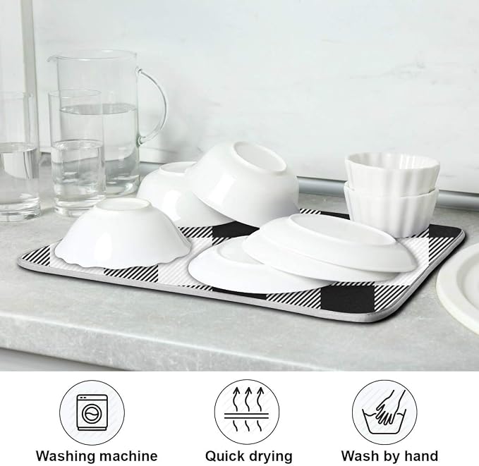 White and Black Buffalo Plaid Dish Drying Mat 16x18 for Kitchen Classic Buffalo Check Dishes Pad Dish Drainer Rack Mats Absorbent Fast Dry Kitchen Accessories