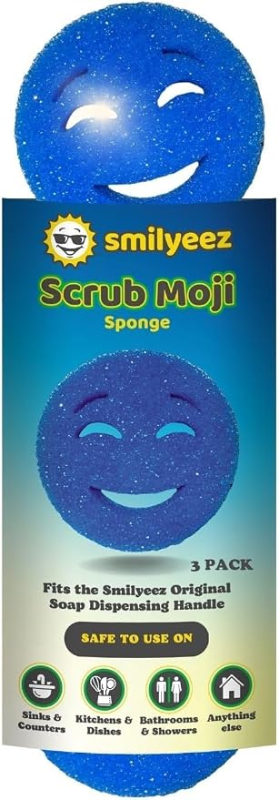 The Original Scrub Moji Scrubbing Sponge by Smilyeez (Set of 3) - Blue - Temperature-Responsive Polymer Foam, Stain and Odor Resistant, Ideal for Kitchen and Bathroom Cleaning