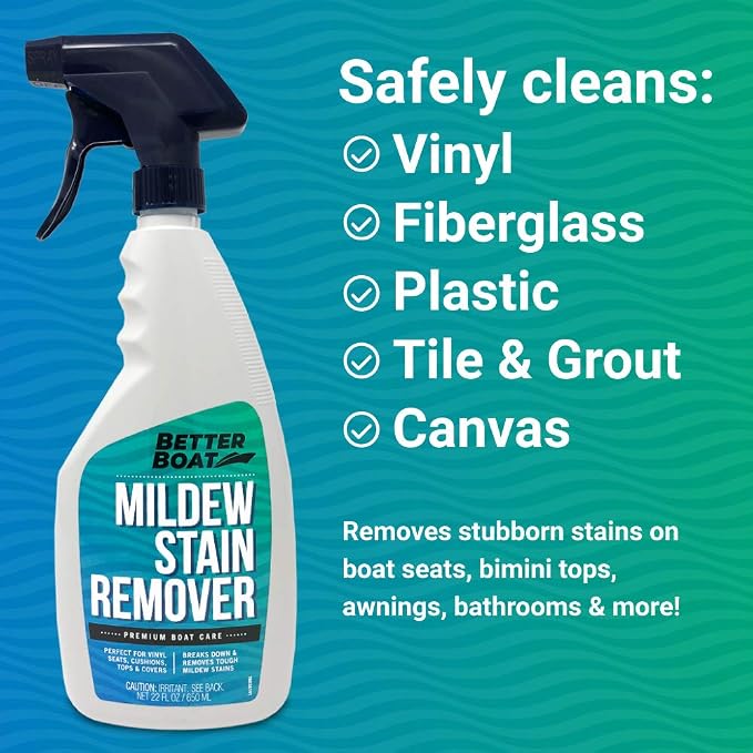 Better Boat Mold and Mildew Stain Remover 22oz Spray for Fabric Vinyl Tile Grout, Removes Mold Stains on Boat Seats Bathroom Shower Patio Furniture Carpet Canvas