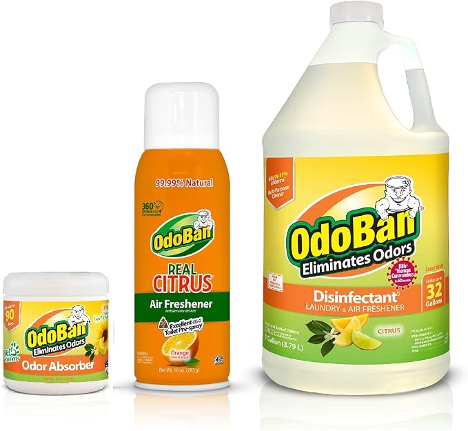 OdoBan Aroma Eliminator Set, Made in the USA, 10 Ounce Natural Oil Real Citrus Orange Air Freshener Spray, 1 Gallon Multipurpose Disinfectant Cleaning Concentrate, 14 Ounce Solid Scent Absorber