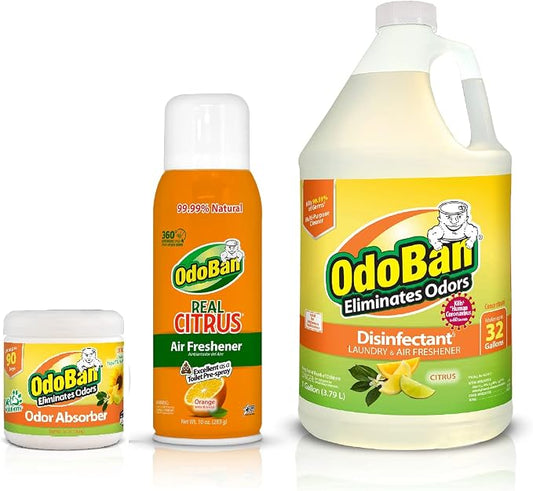 OdoBan Aroma Eliminator Set, Made in the USA, 10 Ounce Natural Oil Real Citrus Orange Air Freshener Spray, 1 Gallon Multipurpose Disinfectant Cleaning Concentrate, 14 Ounce Solid Scent Absorber