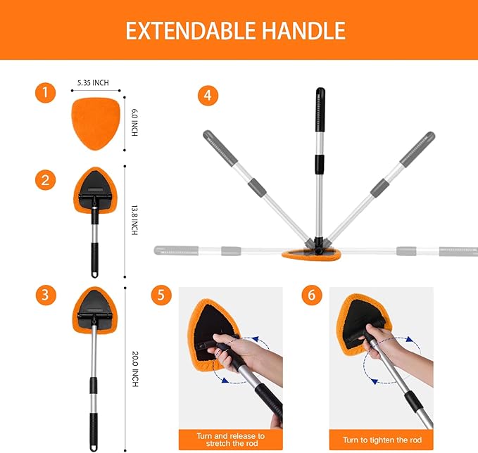 Qydipclin 10pcs Windshield Cleaner Tool, Car Window Cleaning Wash Kit with 4 Reusable Microfiber Pads 1 Spray Bottle and Extendable Handle Auto Glass Wiper Kit, Orange