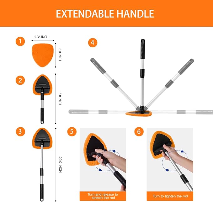 Qydipclin 7pcs Windshield Cleaner Tool Car Window Cleaning Wash Kit with 4 Reusable Microfiber Pads 1 Spray Bottle and Extendable Handle Auto Glass Wiper Kit, Orange