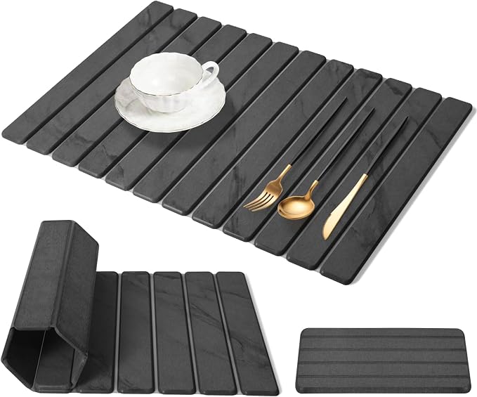 Extra Large Stone Dish Drying Mat for Kitchen Counter, 28"(L)×16 "(W) Foldable Quick Dry Dish Drying Mats, Absorbent Diatomaceous Earth Stone Drying Mats for Plate Rack Bottles Cups - Gray Marble