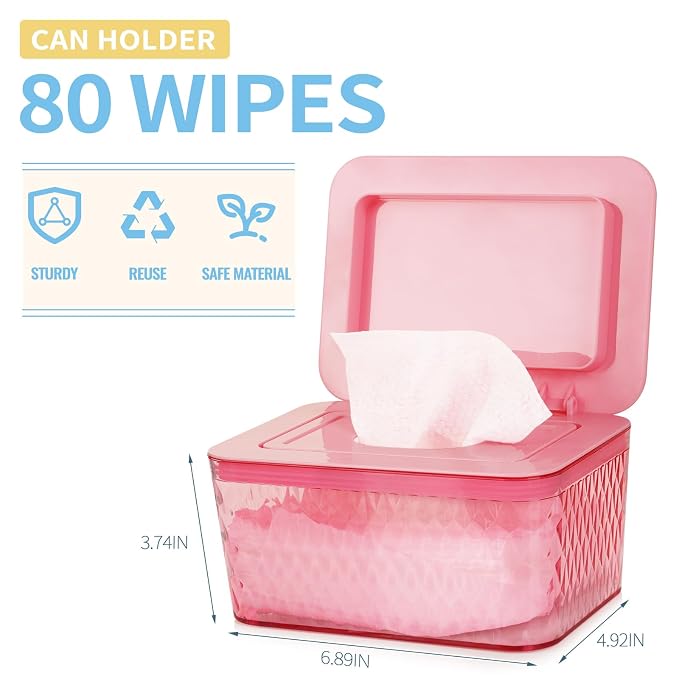 Wipes Dispenser, One-Handed Operation Wipe Holder for Baby & Adult, Seal-Designed Wipes Container for Bathroom Keep Diaper Wipes Fresh (Pink)