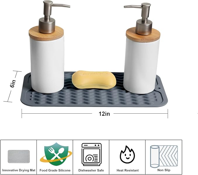 ZLR 2 Pcs Silicone Sink Caddy Tray (6" x 12") 2-Packs - Narrow Sponge Holder for Kitchen Counter - Waterproof Dish Drying Mat, Non-Slip Soap Dispenser Mat & Bathroom Vanity Organizer (Dark Gray)