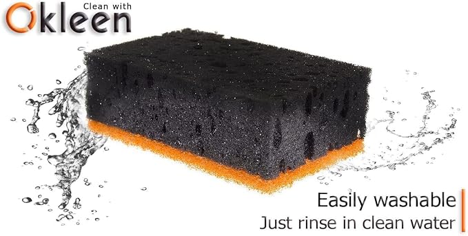 Black & Orange Multi Use Scrub Sponges. Made in Europe. 18 Pack, 4.3x2.8x1.4 inches. Heavy Duty and Non Scratch Fiber. Odorless Durable and Delicate Halloween Holiday Sponges