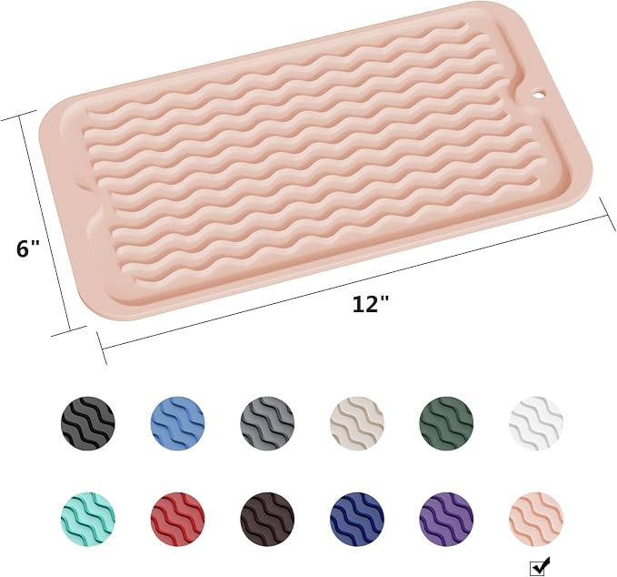 ZLR Silicone Sink Caddy Tray (6" x 12" / 153 x 305mm) - Narrow Sponge Holder for Kitchen Counter - Waterproof Dish Drying Mat, Non-Slip Soap Dispenser Mat & Bathroom Vanity Organizer (Peach Pink)