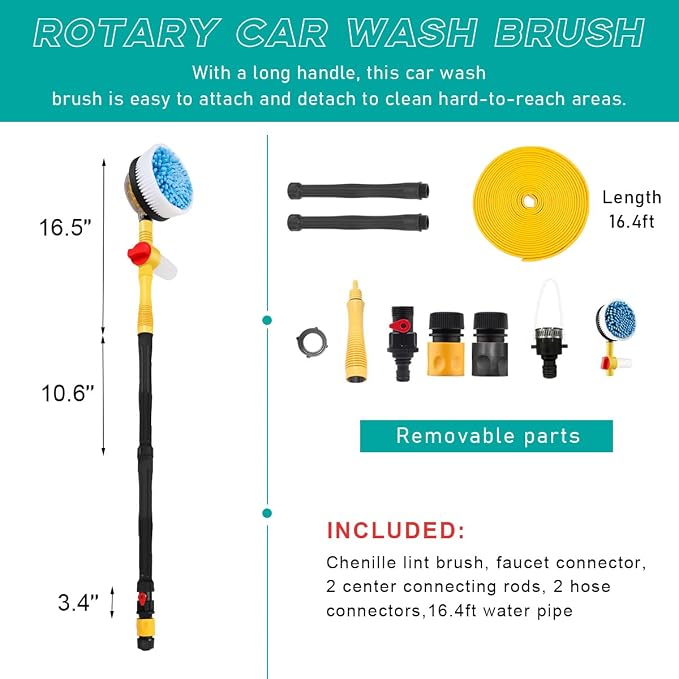 povtii Rotating Car Wash Brush, 360° Spin Auto Cleaning Brush with Long Handle, Detachable Washing Brush with Soft Chenille Bristles Universal for Most Vehicles, Car Accessories (Brush+5m Hose)