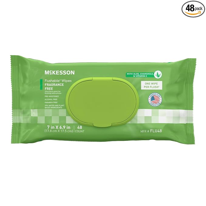 McKesson Flushable Adult Wet Wipes, Unscented, 48 Wipes (1 Pack of 48) | Plant-Based Cleansing Wipes, Unscented, Gentle on Skin, Plant-Based Adult Cleansing Wipes