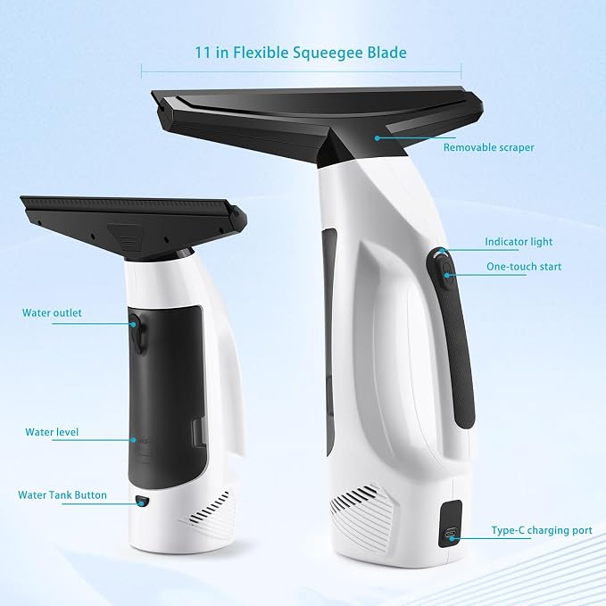 Window Vacuum Squeegee Cordless, 3-in-1 Electric Window Cleaner Tool with 2200Pa Strong Suction, 2200mAh Rechargeable Battery & 200ml Water Tank, Streak-Free for Shower Doors, Mirrors, Car, Windows