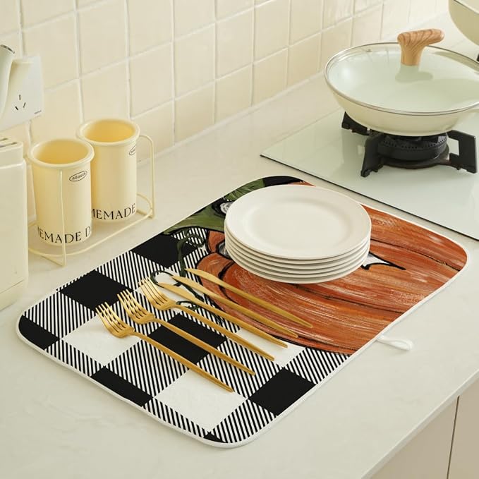 Fall Dish Drying Mat 18 x 24 Inch Thanksgiving Buffalo Plaid Pumpkin Drying Mat for Kitchen Counter Absorbent Farmhouse Autumn Orange Pumpkin Dishes Dry Pad for Drainer Rack Kitchen Fast Dry