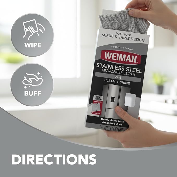 Weiman Microfiber Cloth for Stainless Steel - Safely Traps and Removes Dirt, Oil and Grime to Protect From Scratches 1.40" x 3.56"
