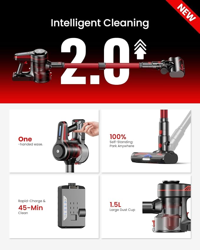 CHEBIO Lightweight Cordless Vacuum Cleaners for Home, Stick Vacuum Cordless Rechargeable with 45kPa Suction,45-Min Run,Anti-Tangle and Self-Stand, 6 in 1 Hardwood Vacuum Cleaner (red)