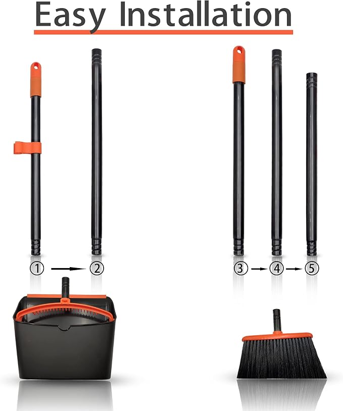 Broom and Dustpan Set for Home, JEHONN Long Handle Lightweight Indoor Broom Set Heavy Duty, Upright Standing Dust Pan with Comb Teeth Store Sweep Set for Room Kitchen Office Lobby