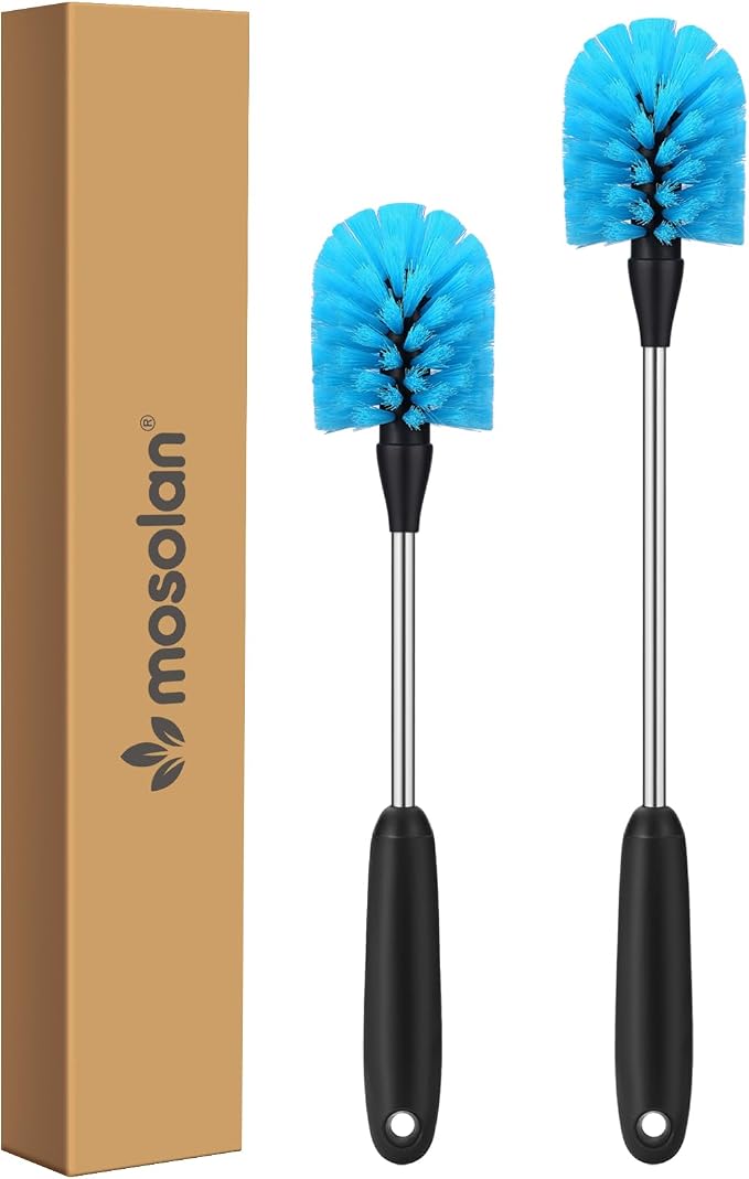 MOSOLAN Stainless Steel Water Bottle Brush, Long Handle Scrubbing Brush, Built for Cleaning Sports Bottles, Baby Bottles, Cups, Coffee Mugs, Glasswares, Wine Decanters, Flask, 2 Pack, 13 in - 15 in