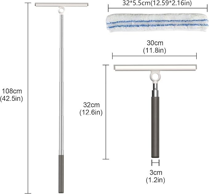 2-in-1 Shower Squeegee for Glass Doors with Telescopic Handle | Squeegee for Shower Glass with Microfiber Scrubber, Long Handle for Bathroom, Tile Wall, Car Windshield, Window,Mirror