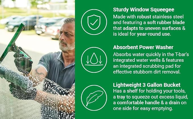 Unger Window Cleaning Kit 3-in-1: 14-in. Squeegee, Washer, Bucket | Complete glass cleaning system; WNK13; includes microfiber washer with T-bar handle & 3-gallon bucket