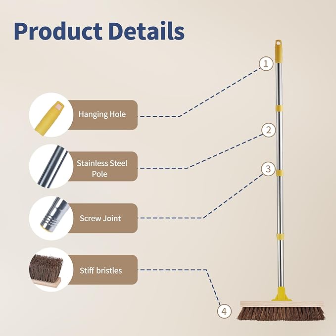 NICOFPHY Heavy Duty Floor Scrub Brush with Long Handle for Outdoor Cleaning | Deck Brush with Stiff Natural Palmyra Bristle, Floor Scrubber Brushes for Cleaning Concrete Floor, Garden, Patio, Shower